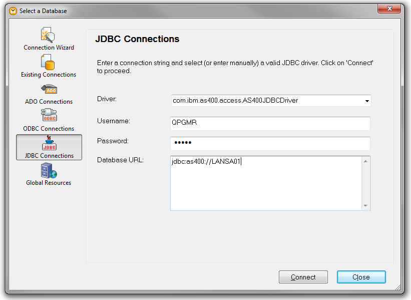 Select a database - JDBC connection